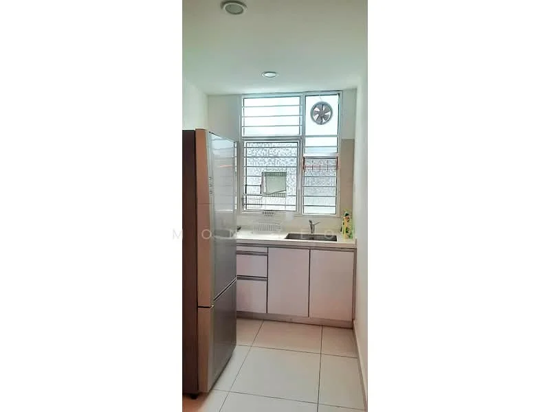 Kitchen features: stainless-steel fridge, single-bowl stainless-steel sink, chrome pull-down faucet, white cabinetry, countertop with backsplash, tile flooring, window with horizontal slats, ceiling lights; style: modern.