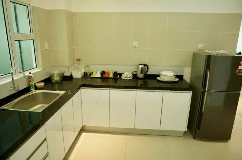 Kitchen features: single-bowl stainless-steel sink, chrome pull-down faucet, black granite countertop, white flat-panel cabinets, stainless-steel fridge, white ceramic plates, glass bowl, kettle, countertop with space for appliances, tile backsplash, white tiled walls, white tiled flooring; style: modern.