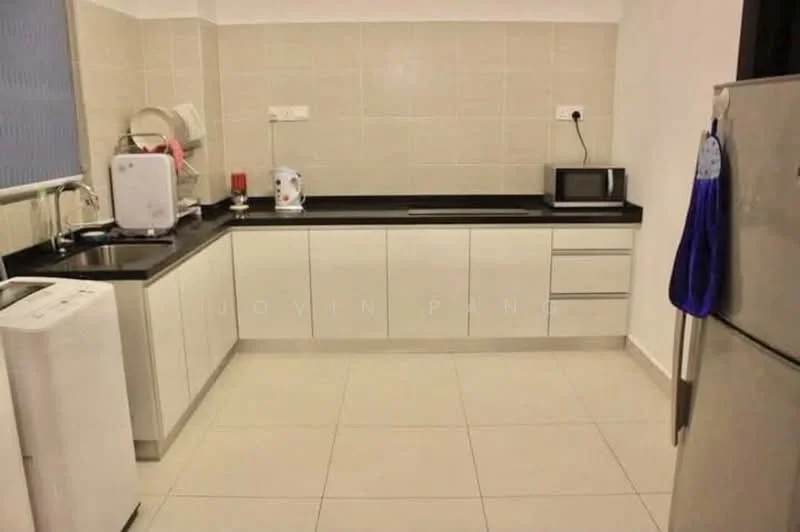 Kitchen features: black granite countertop, white cabinetry with flat-panel doors, stainless-steel fridge, built-in microwave, electric kettle, single-bowl stainless-steel sink, chrome pull-down faucet, ceramic tile flooring, wall-mounted electrical outlets, window with sheer curtains, dishwasher, under-cabinet lighting; style: modern.