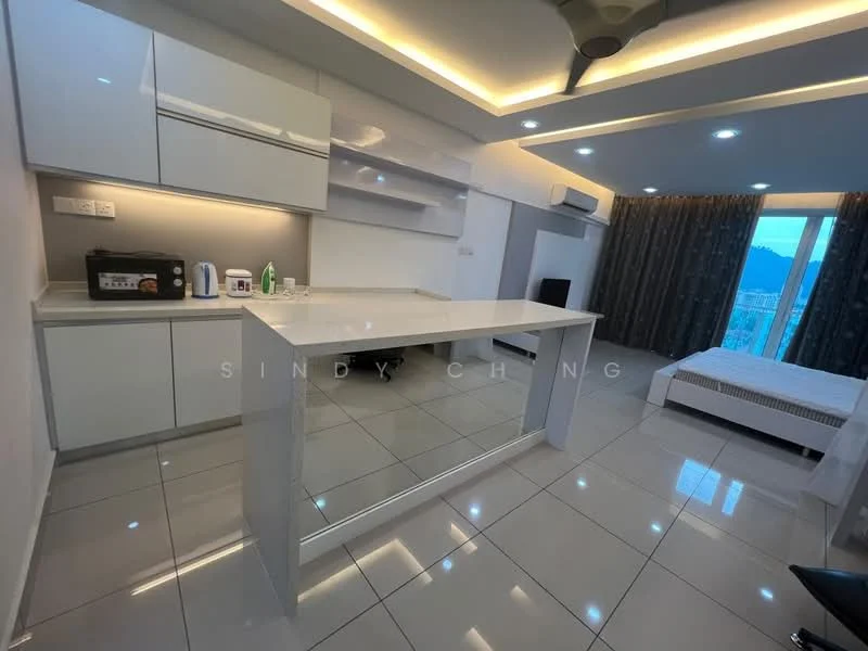 Kitchen features: white cabinetry, marble countertop, stainless-steel sink, chrome pull-down faucet, built-in oven, microwave, kettle, toaster, recessed LED downlights, wall-mounted split AC, tile flooring, grey curtains, floor-to-ceiling windows, city view; style: modern; view: city. Living features: queen-size bed, upholstered headboard, bedside table, wall-mounted TV, sofa, coffee table, area rug, recessed lighting; style: modern; view: city.