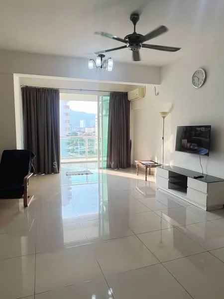 Living features: white painted walls, glossy tile flooring, 5-blade ceiling fan with light, floor-to-ceiling windows, sliding glass door, dark grey curtains, wall-mounted TV, white TV console, lamp, clock on wall; style: modern; view: city.