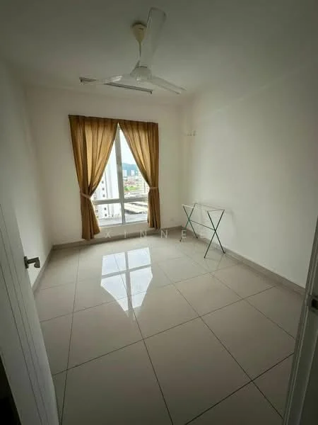 Room features: white painted walls, glossy ceramic tile flooring, ceiling fan, floor-to-ceiling window, sheer curtains, glass table, city view; style: modern; view: city.