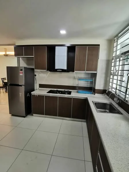 Kitchen features: brown cabinetry, white granite countertop, stainless-steel fridge, built-in oven, 4-burner gas hob, stainless-steel sink, chrome pull-down faucet, tile flooring, recessed downlights, window with metal grille, open shelving, kitchen island; style: modern.