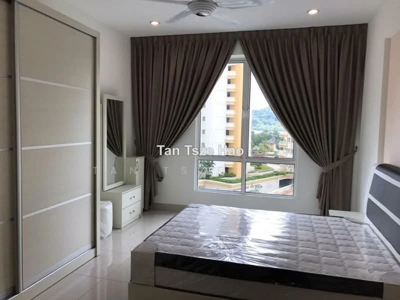 Bedroom features: king-size bed, upholstered headboard, floor-to-ceiling windows, sheer curtains, dark brown curtains, white bedside table, mirror with frame, built-in wardrobe with sliding doors, polished tile flooring, ceiling fan with light; style: modern; view: city.