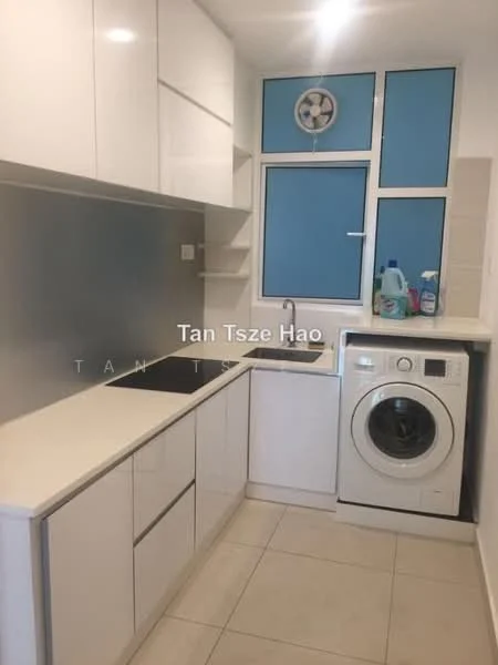 Kitchen features: white flat-panel cabinets, white countertop, stainless-steel sink, chrome pull-down faucet, built-in electric cooktop, built-in oven, front-load washing machine, tile flooring, window with blue wall, wall-mounted ventilation fan; style: modern.