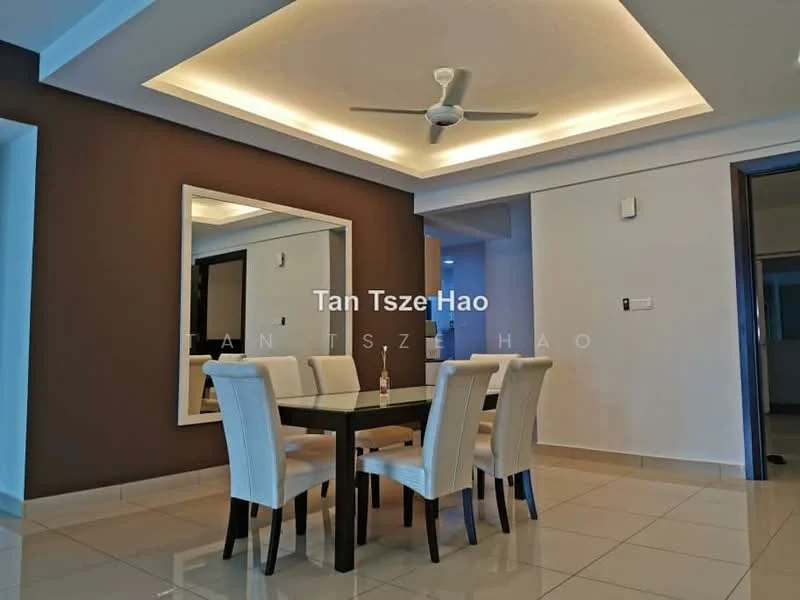 Dining features: dining table with 6 chairs, 5-blade ceiling fan with integrated LED light, white painted walls, brown accent wall, mirror on wall, tile flooring, recessed ceiling lighting, wall-mounted light fixture; style: modern.