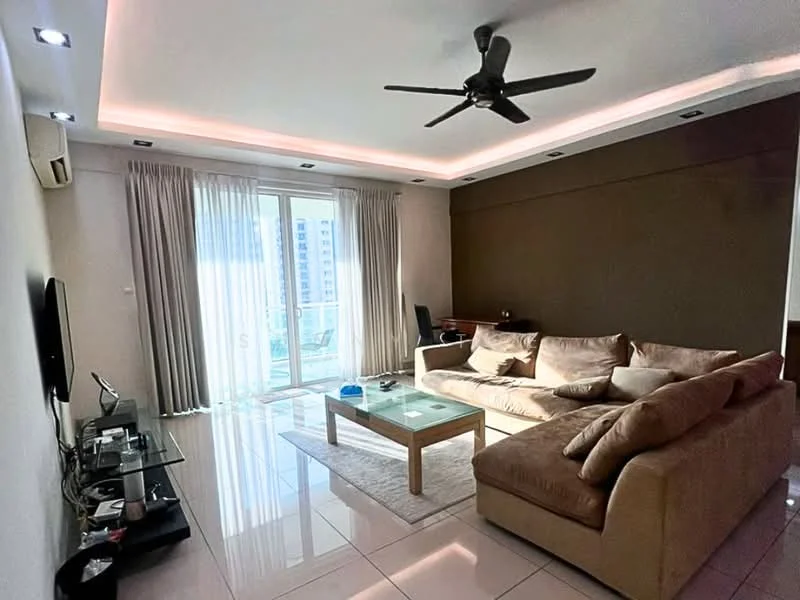 Living features: 3-seater fabric sofa in beige, coffee table, wall-mounted TV, TV console, area rug, floor-to-ceiling windows, sheer curtains, sliding glass door, ceiling fan, recessed LED downlights, cream painted walls, grey accent wall, polished tile flooring; style: modern; view: city.