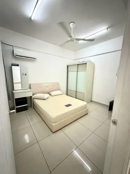 Bedroom features: queen-size bed with upholstered headboard, 2 pillows on bed, white bedding, built-in wardrobe with sliding doors, mirror on dresser, white bedside table, 1 wall-mounted split AC, ceiling fan, light-colored tiled flooring, white painted walls, LED ceiling lights; style: modern.