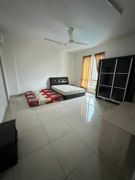 Bedroom features: white painted walls, tile flooring, 5-blade ceiling fan, queen-size bed, upholstered headboard, bedside rug, black wardrobe, wooden dresser, floor-to-ceiling windows, sheer curtains; style: modern; view: city.