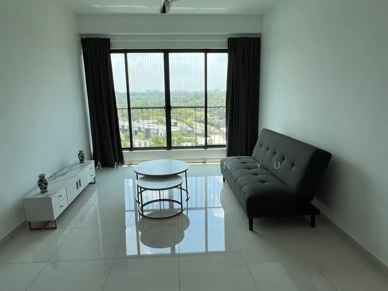Living features: grey fabric sofa, round coffee table with metal base, white TV console, floor-to-ceiling windows, curtains in dark grey, glossy tile flooring, city view, decorative vases on console; style: modern; view: city.