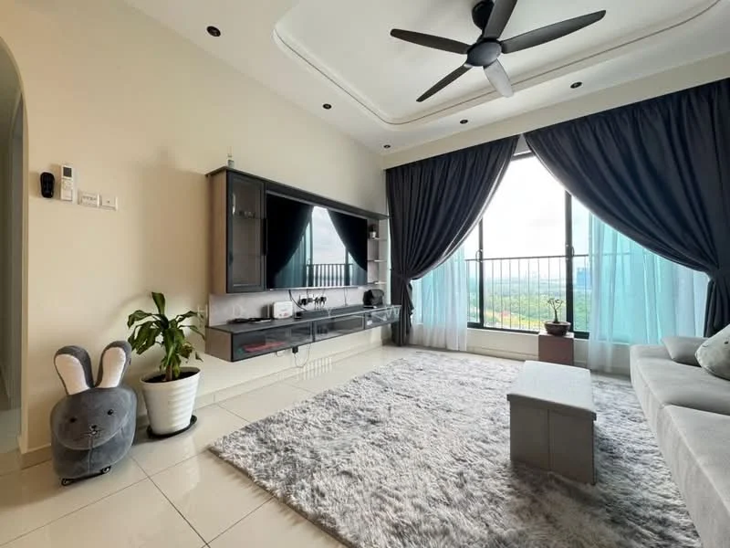 Living features: 5-blade ceiling fan with light, floor-to-ceiling windows, grey area rug, light grey sofa, TV console with storage, decorative plant in white pot, curtains in dark grey, wall-mounted TV, coffee table, recessed ceiling with crown moulding; style: modern; view: city.