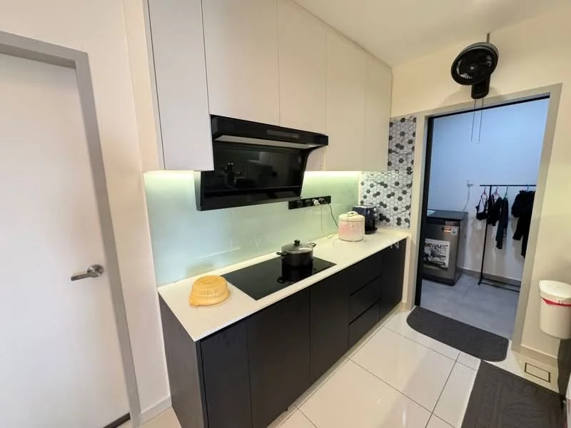 Kitchen features: black cabinetry, white countertop, built-in oven, induction cooktop, black range hood, white backsplash with mosaic pattern, single-bowl stainless-steel sink, chrome pull-down faucet, recessed LED downlights, floor-to-ceiling cabinet, tile flooring, wall-mounted fan; style: modern. Room features: white painted walls, door leading to laundry area.