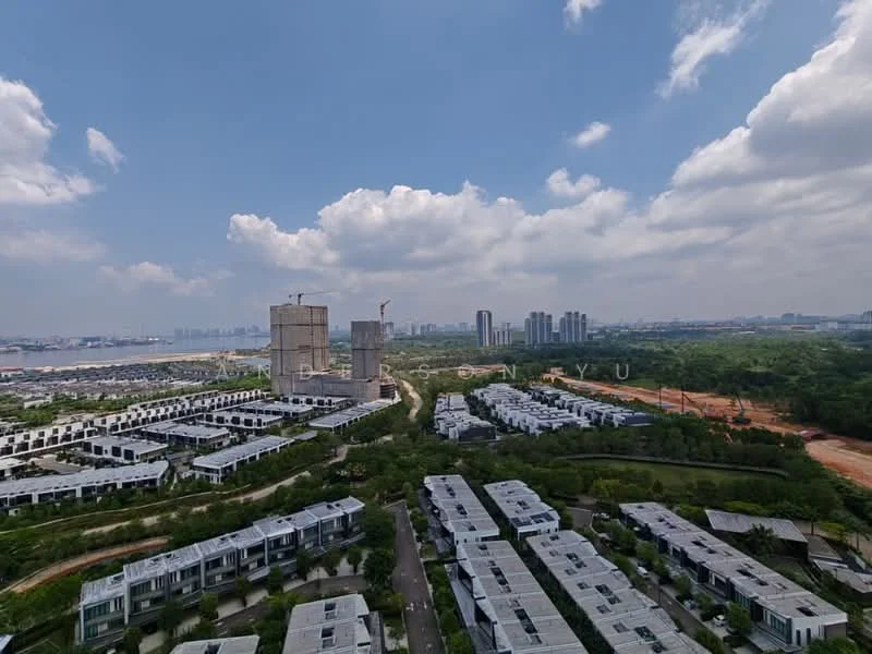 Exterior type: low-rise apartment block; features: manicured lawn, mature trees, surrounded by greenery, city skyline in background, construction site visible, multiple low-rise buildings, paved pathways, open spaces; style: modern.
