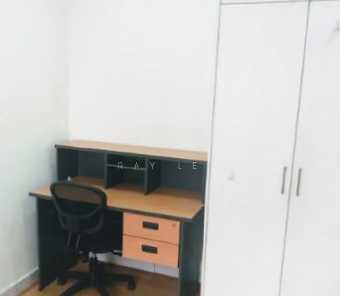 Study features: desk with drawers, black office chair, white walls, wooden flooring, built-in wardrobe with sliding doors; style: minimalist.
