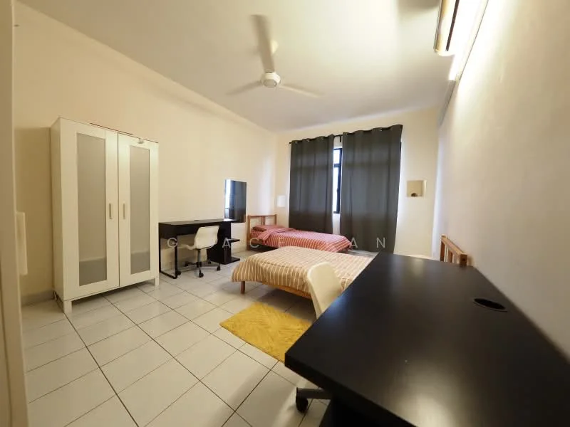 Bedroom features: two single beds with striped bedding, white wardrobe with glass doors, black study desk, white chair, wooden bed frame, floor-to-ceiling window with dark curtains, white tiled flooring, ceiling fan; style: minimalist.