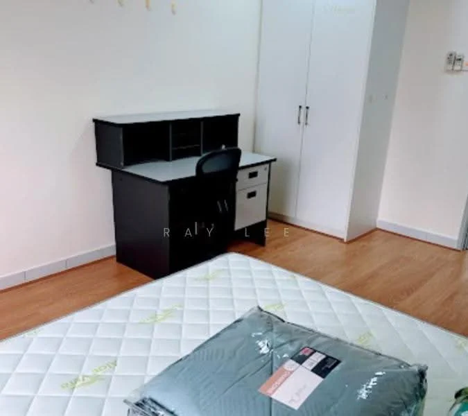 Bedroom features: wooden flooring, white painted walls, built-in wardrobe with sliding doors, black desk with chair, desk lamp, queen-size bed, mattress on bed frame, wall hooks, window with natural light; style: modern.