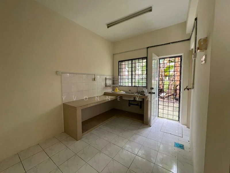 Kitchen features: white painted walls, ceramic tile flooring, single-bowl sink, chrome faucet, countertop with built-in cabinetry, window with security bars, door leading to outdoor area, light fixture on ceiling; view: garden.