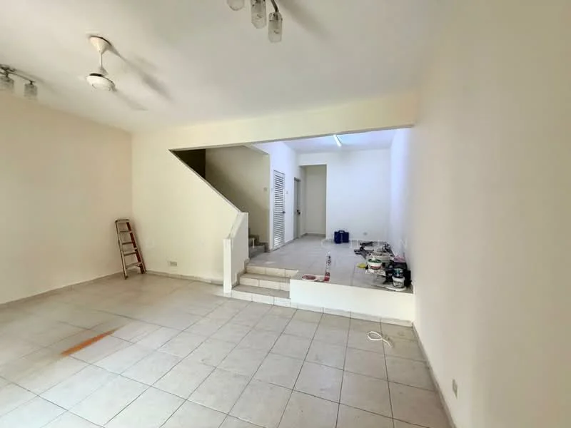 Room features: white painted walls, tile flooring, ceiling lights, staircase leading to upper level, open layout, doorway leading to another room, ladder against wall, various items on the floor; style: minimalist.