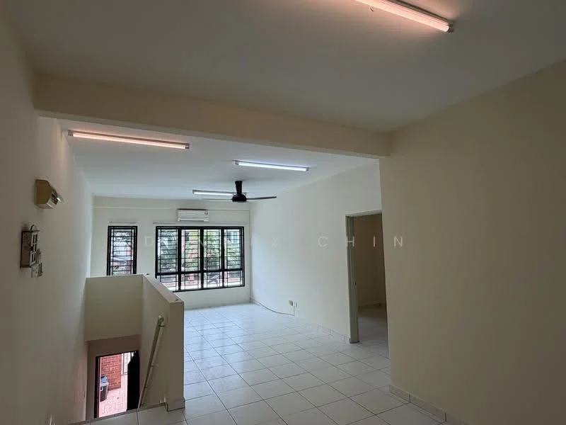 Living features: white painted walls, white tiled flooring, 5-blade ceiling fan, recessed LED downlights, floor-to-ceiling windows, sliding glass door, air conditioning unit, staircase leading to lower level; style: modern; view: garden. Room features: white painted walls, white tiled flooring, doorway leading to another room.