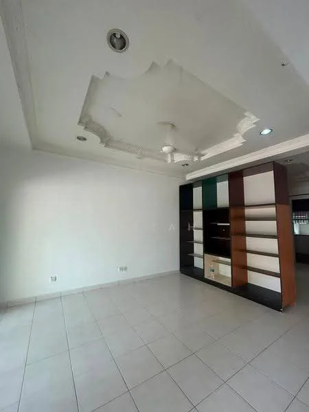 Room features: white painted walls, tile flooring, tray ceiling, ceiling fan, built-in shelving unit with multiple colors, recessed downlights; style: modern.