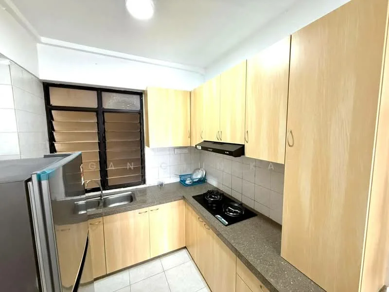 Kitchen features: light wood cabinetry, grey granite countertop, stainless-steel sink, two-burner gas hob, built-in range hood, ceramic tile backsplash, white tiled walls, white tiled flooring, window with horizontal slats; style: modern.