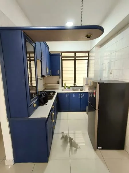 Kitchen features: blue cabinetry, white countertop, stainless-steel sink, chrome faucet, built-in microwave, black fridge, ceramic tile flooring, window with natural light, wall tiles, kitchen island with overhang; style: modern.