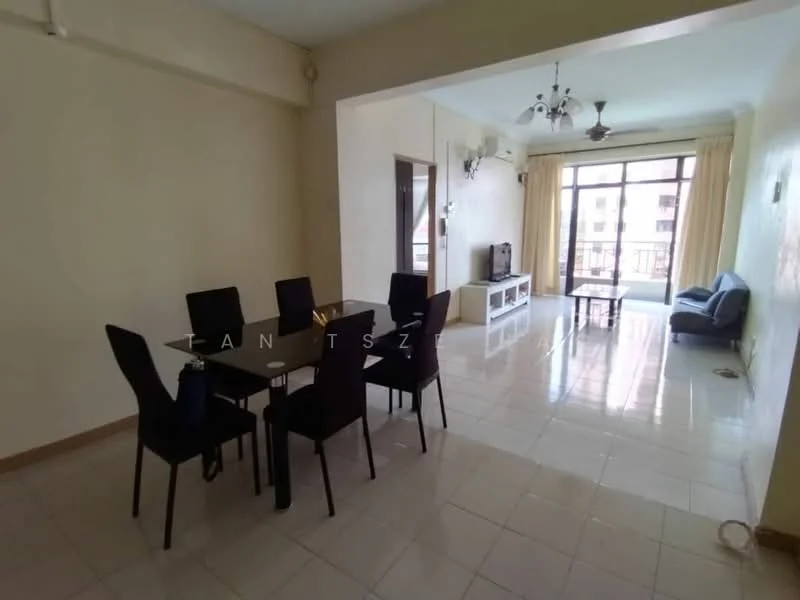 Living features: white painted walls, glossy ceramic tile flooring, 5-blade ceiling fan with light, large windows with sheer curtains, sofa in blue fabric, TV console, wall-mounted TV, dining table with 6 black chairs, decorative wall mirror, natural light from balcony, neutral color scheme; style: modern; view: city.