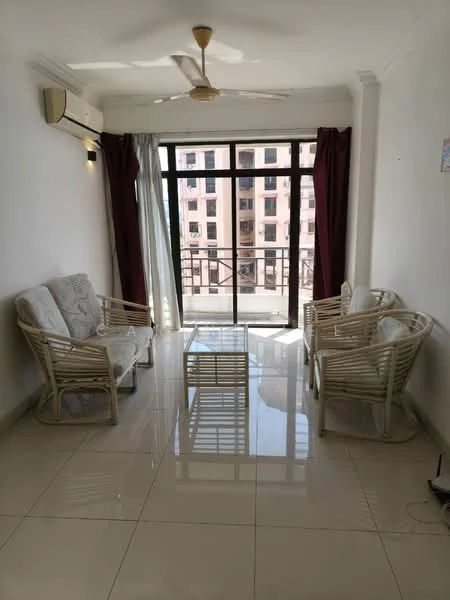 Living features: 3-seater fabric sofa in light grey, 2 armchairs in white wicker, glass coffee table, floor-to-ceiling windows, sliding glass door, sheer curtains, dark red curtains, ceiling fan, white painted walls, glossy tile flooring, air conditioning unit; style: modern; view: city.