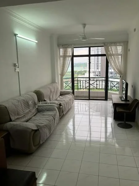 Living features: 3-seater fabric sofa in beige, 2-seater fabric sofa in beige, floor-to-ceiling windows, curtains, white painted walls, glossy tile flooring, ceiling fan, wall-mounted TV, TV console, decorative wall light; style: modern; view: city.