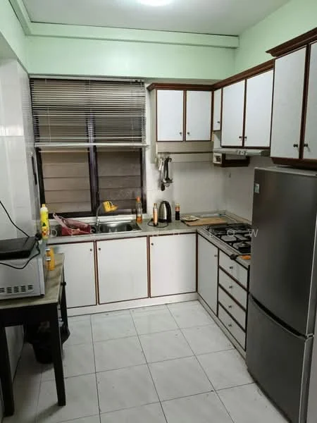 Kitchen features: white cabinets with wood trim, stainless-steel fridge, built-in gas stove, stainless-steel sink, chrome pull-down faucet, white tiled backsplash, grey countertop, window with blinds, ceramic tile flooring, microwave, kettle, dish soap dispenser, cutting board, kitchen utensils; style: modern.