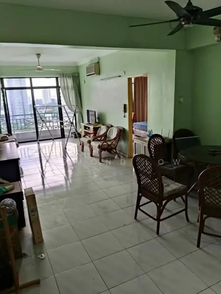 Living features: green painted walls, white tiled flooring, 5-blade ceiling fan, floor-to-ceiling windows, curtains, sofa chairs, wooden dining table, rattan dining chairs, TV console, wall-mounted TV, decorative wall art, air conditioning unit; style: modern; view: city.