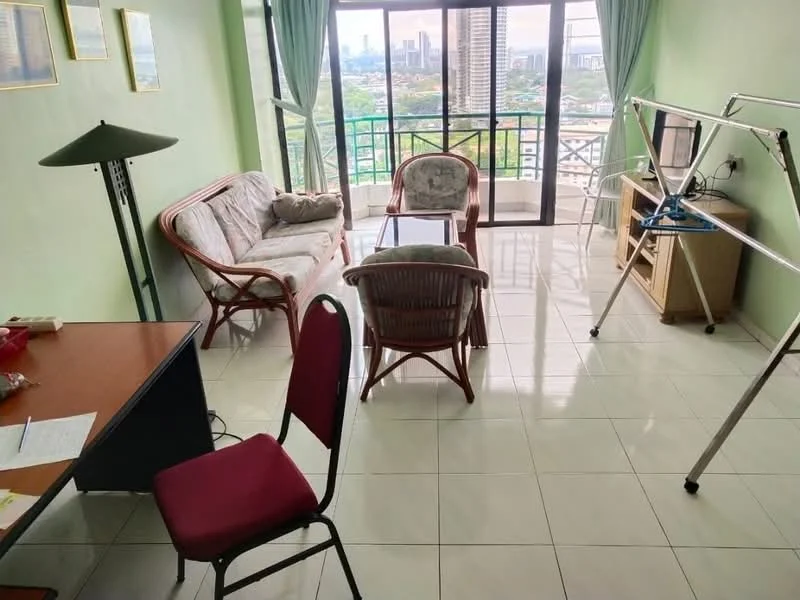 Living features: light green painted walls, white tiled flooring, sofa with floral pattern, 2-seater rattan sofa, wooden coffee table, floor lamp, TV console, wall-mounted TV, sliding glass door, floor-to-ceiling windows, curtains, folding clothes rack, dining chair, writing desk; style: modern; view: city.
