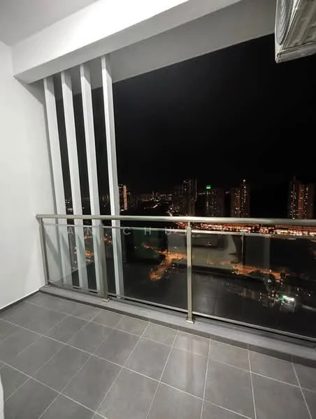 Balcony features: glass railing, grey tiled flooring, floor-to-ceiling windows, city view, night lighting; style: modern; view: city.