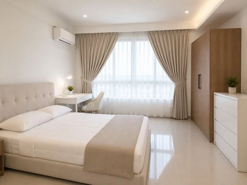 Bedroom features: queen-size bed with upholstered headboard, white bedding, 2 bedside tables, table lamp on bedside table, built-in wardrobe with sliding doors, white dresser, floor-to-ceiling window with sheer curtains, air conditioning unit on wall, light-colored walls, polished tile flooring, decorative plant on window sill, study desk with chair; style: modern; view: city.