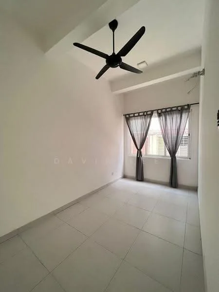 Room features: white painted walls, grey tiled flooring, 5-blade ceiling fan, floor-to-ceiling windows, sheer curtains, blackout curtains.