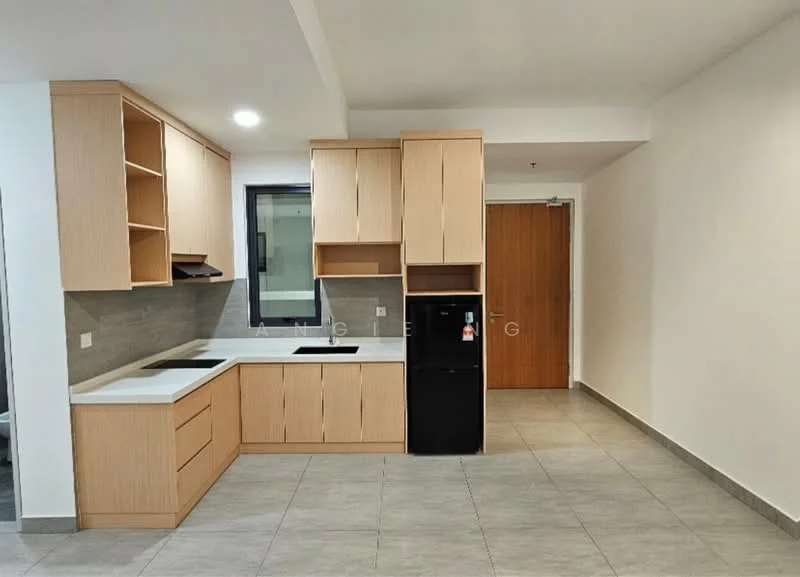 Kitchen features: light wood cabinetry, white countertop, black built-in stove, black refrigerator, single-bowl stainless-steel sink, chrome pull-down faucet, grey tiled backsplash, ceramic tile flooring, window with black frame, open shelving, under-cabinet lighting; style: modern.