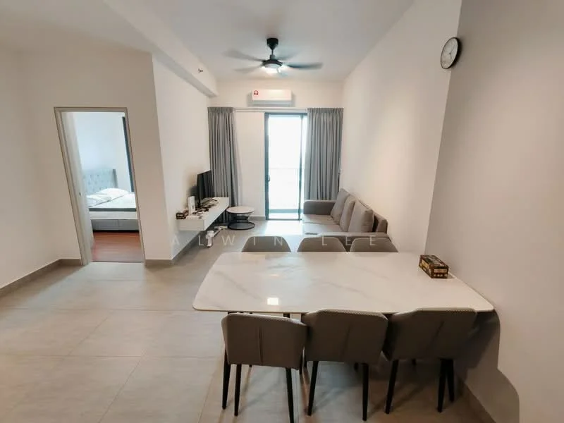 Living features: light grey walls, tile flooring, 5-blade ceiling fan with light, sofa in beige, coffee table, TV console, wall-mounted TV, floor-to-ceiling sliding glass door, curtains, decorative wall clock; style: modern; view: city. Dining features: white marble dining table, 4 upholstered dining chairs in grey; style: modern.