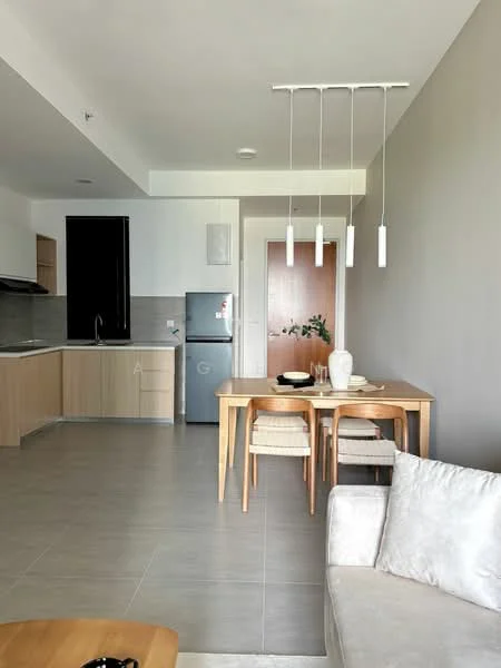 Kitchen features: white cabinetry, stainless-steel fridge, single-bowl stainless-steel sink, chrome pull-down faucet, ceramic tile backsplash, open shelving, built-in oven, 4-burner gas hob; style: modern. Dining features: wood dining table, 3 upholstered dining chairs, decorative vase on table; style: modern. Living features: light-colored fabric sofa, coffee table, pendant lighting, neutral wall color, tile flooring; style: modern.