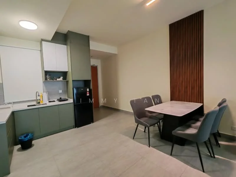 Kitchen features: green cabinetry, white countertop, built-in oven, stainless-steel fridge, single-bowl stainless-steel sink, chrome pull-down faucet, ceramic tile flooring, recessed downlights, wall-mounted cabinets, dining table with grey upholstered chairs, wood accent wall, open layout; style: modern.