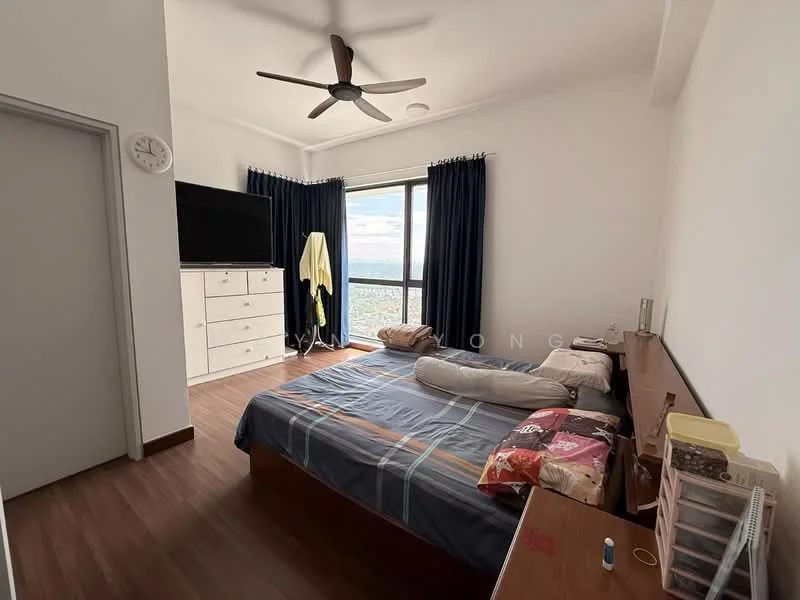 Bedroom features: king-size bed, upholstered headboard, bedside table, 3-drawer white dresser, floor-to-ceiling windows, blue curtains, wooden flooring, ceiling fan with light, wall clock; style: modern; view: city.