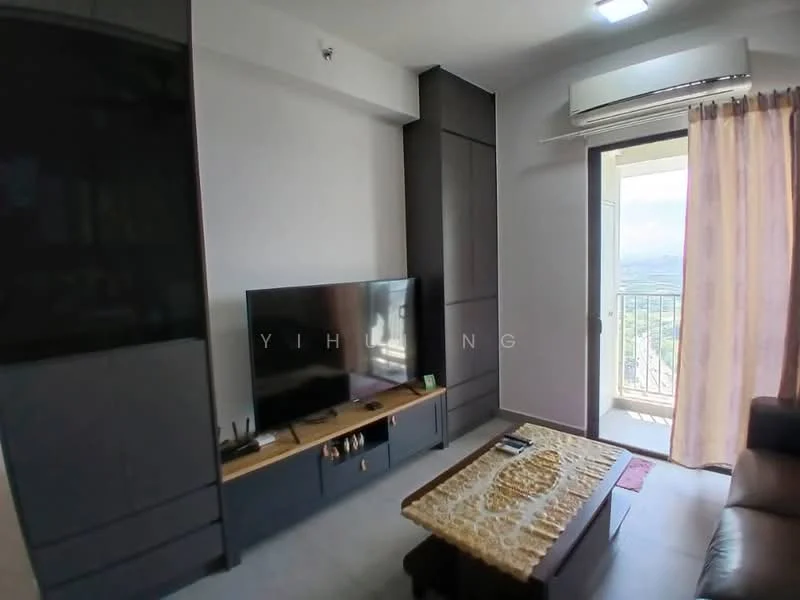 Living features: wall-mounted TV, black TV console with storage, light-colored coffee table, sofa in dark color, floor-to-ceiling windows, curtains, air conditioning unit, neutral wall color, tile flooring, decorative items on coffee table; style: modern; view: city.