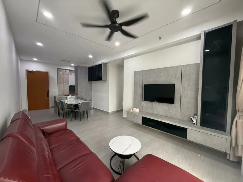 Living features: red leather sofa, 3-seater sofa, coffee table with marble top, wall-mounted TV, entertainment unit with grey finish, recessed ceiling lights, 5-blade ceiling fan, grey tiled flooring, decorative wall paneling, dining area with glass-top table, 4 dining chairs; style: modern.