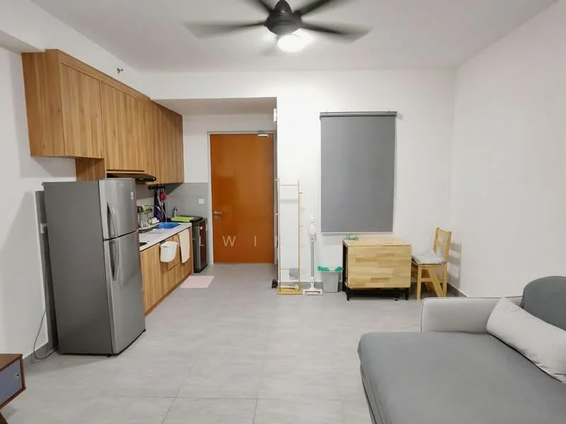 Living features: grey fabric sofa, wooden coffee table, refrigerator, built-in kitchen cabinets with wood finish, stainless-steel sink, chrome pull-down faucet, countertop with space for appliances, wall-mounted ceiling fan, tile flooring, white painted walls, window with roller blinds, door with wooden finish; style: modern.