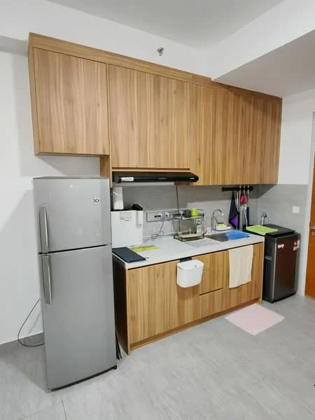 Kitchen features: wood cabinetry, stainless-steel fridge, built-in oven, stainless-steel sink, chrome pull-down faucet, white countertop, grey tile backsplash, ceramic tile flooring, recessed downlights, kitchen towel holder, countertop with space for appliances, small appliance storage; style: modern.