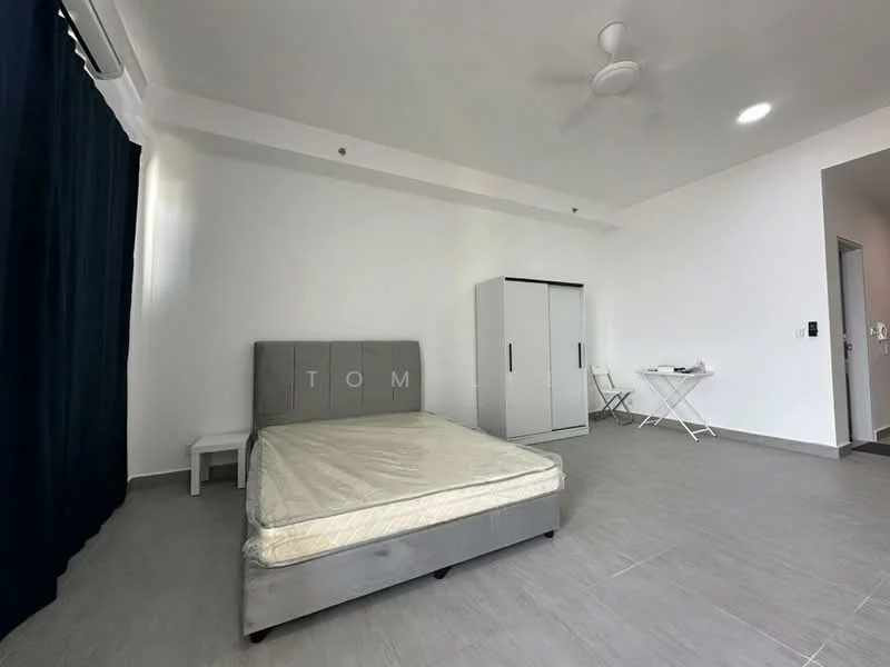 Bedroom features: queen-size bed, upholstered headboard, grey bed frame, white walls, ceiling fan, tile flooring, blackout curtains, built-in wardrobe, folding table, chair; style: modern.