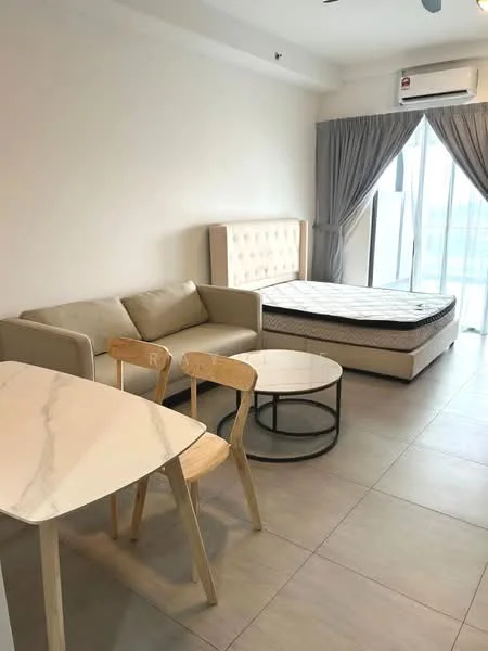 Living features: cream painted walls, tile flooring, 5-blade ceiling fan, floor-to-ceiling windows, sheer curtains, sofa in beige, coffee table with round top, dining table with marble top, 2 wooden chairs, queen-size bed frame without mattress, air conditioning unit; style: modern; view: city.