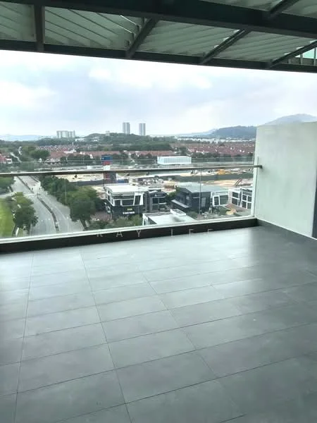 Room features: large balcony, grey tiled flooring, glass railing, city view, overlooking road, surrounding greenery, open space; style: modern; view: city.