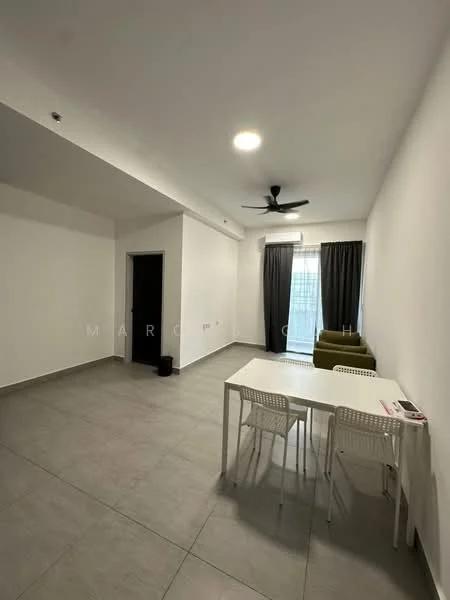 Living features: white painted walls, grey tile flooring, 5-blade ceiling fan with light, floor-to-ceiling windows, blackout curtains, green sofa, white dining table, 4 white plastic chairs, waste bin; style: modern.