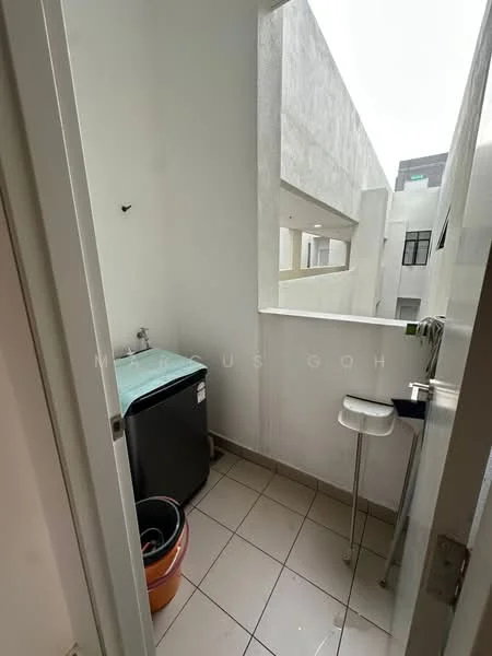 Laundry features: washing machine, sink, tile flooring, white walls, window, outdoor view, utility space, drainage area.