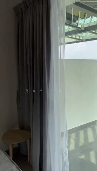 Room features: sheer curtains, grey curtains, round wooden side table, polished concrete flooring, glass ceiling, white walls; style: modern.